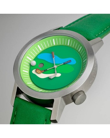 Montre Akteo Golf 42, Vert-Acier brossé, bracelet cuir vert