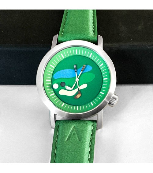 Montre Akteo Golf 42, Vert-Acier brossé, bracelet cuir vert