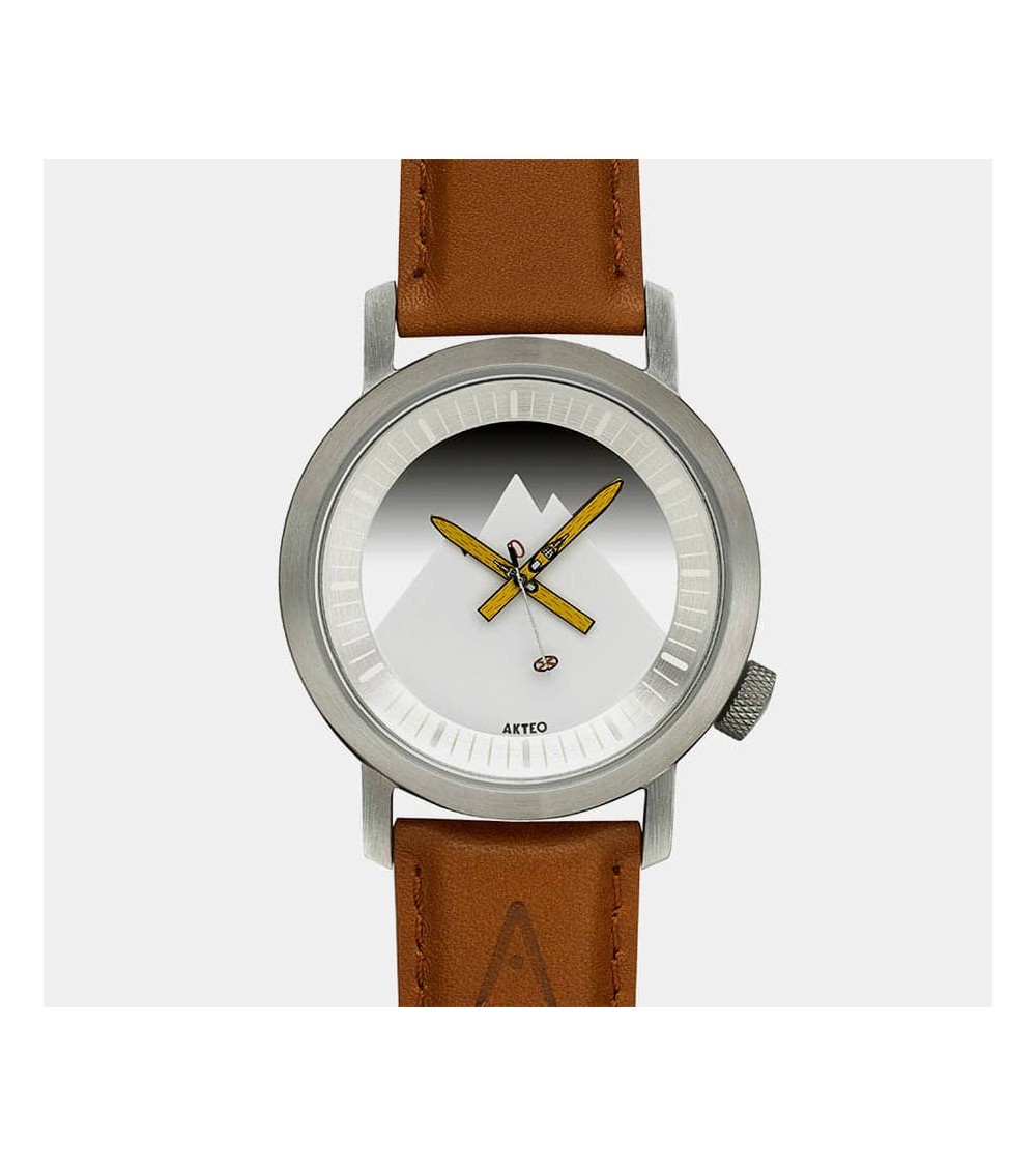 Montre AKTEO Ski 38 Acier inox-Acier inox, bracelet cuir cognac