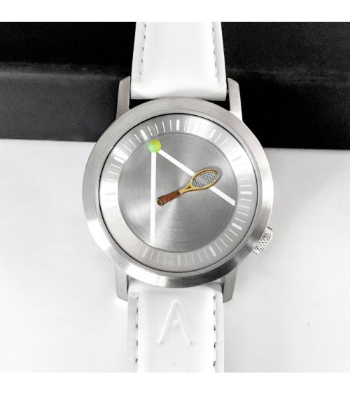 Montre Akteo Tennis 42, Acier brossé-Acier brossé, bracelet cuir blanc