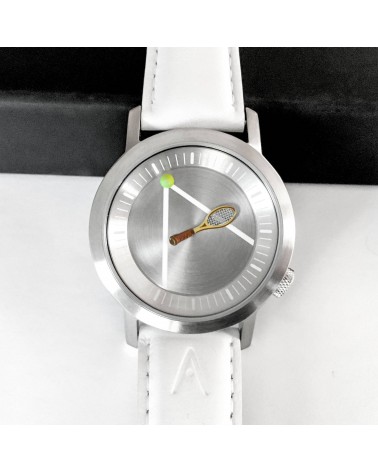 Montre Akteo Tennis 42, Acier brossé-Acier brossé, bracelet cuir blanc