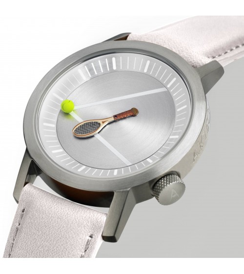 Montre Akteo Tennis 42, Acier brossé-Acier brossé, bracelet cuir blanc