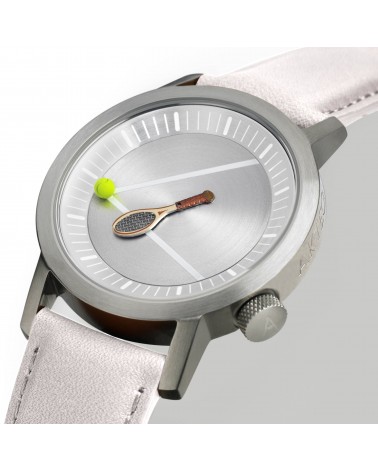Montre Akteo Tennis 42, Acier brossé-Acier brossé, bracelet cuir blanc