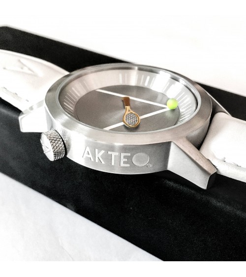 Montre Akteo Tennis 42, Acier brossé-Acier brossé, bracelet cuir blanc