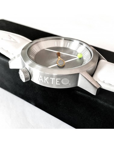 Montre Akteo Tennis 42, Acier brossé-Acier brossé, bracelet cuir blanc