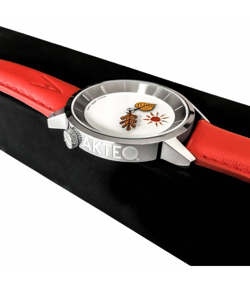Montre AKTEO Automne 38 Blanc-Acier inox, bracelet rouge