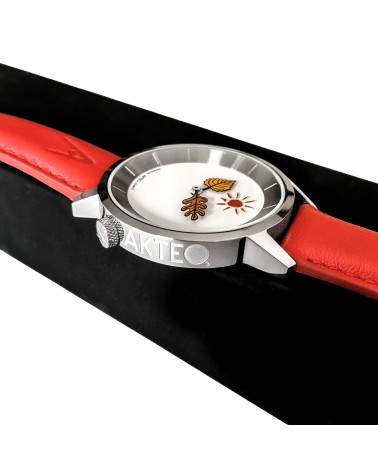 Montre AKTEO Automne 38 Blanc-Acier inox, bracelet rouge