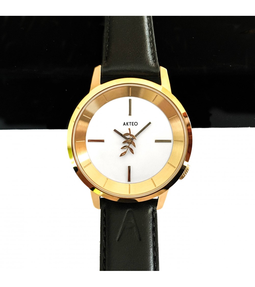 Montre AKTEO Acacias 38 Blanc-Doré, bracelet cuir noir