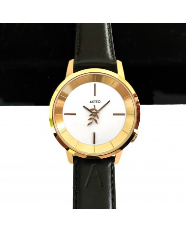 Montre AKTEO Acacias 38 Blanc-Doré, bracelet cuir noir