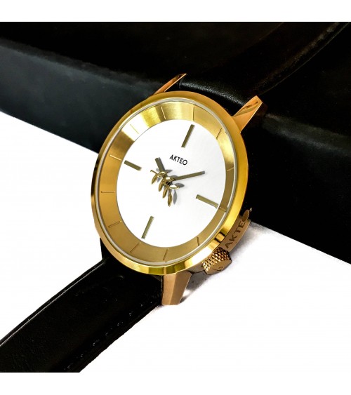 Montre AKTEO Acacias 38 Blanc-Doré, bracelet cuir noir