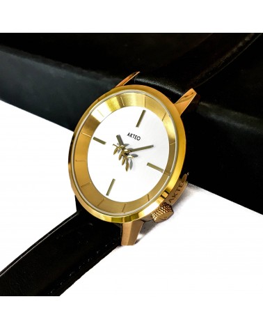 Montre AKTEO Acacias 38 Blanc-Doré, bracelet cuir noir