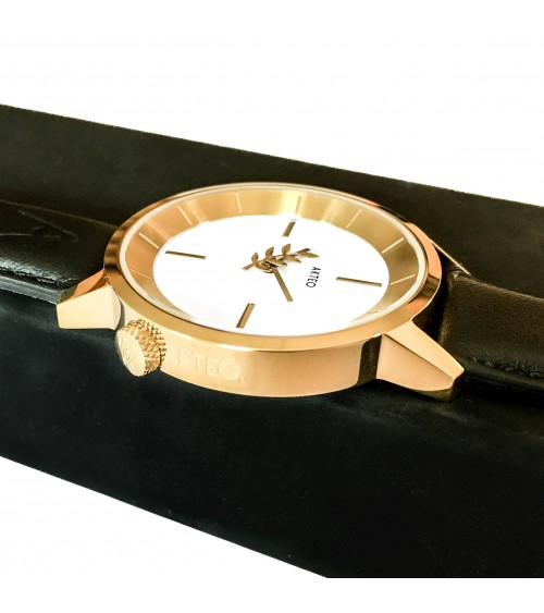 Montre AKTEO Acacias 38 Blanc-Doré, bracelet cuir noir
