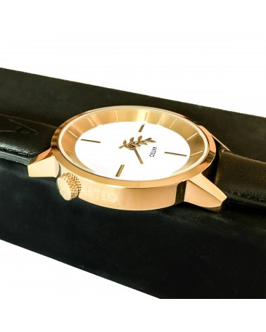 Montre AKTEO Acacias 38 Blanc-Doré, bracelet cuir noir