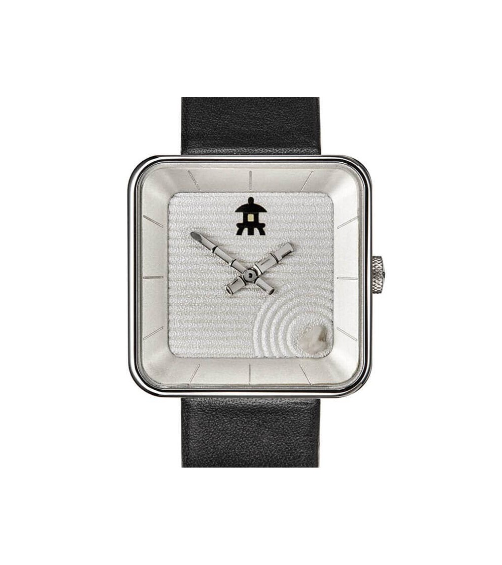 Montre AKTEO Jardin zen sQuare 35, bracelet cuir noir.