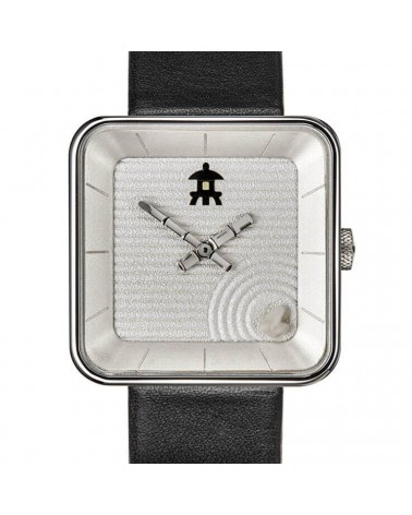 Montre AKTEO Jardin zen sQuare 35, bracelet cuir noir.