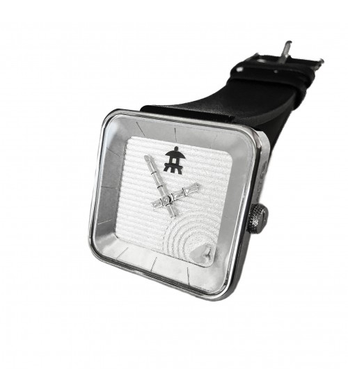 Montre AKTEO Jardin zen sQuare 35, bracelet cuir noir.