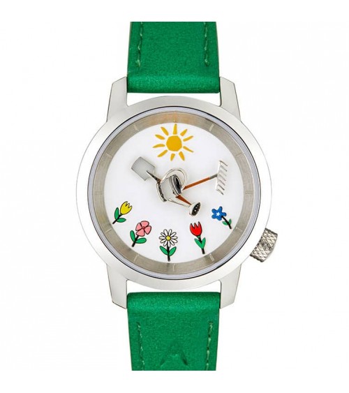 Montre AKTEO Jardin 29 Blanc-Acier Inox, bracelet cuir vert