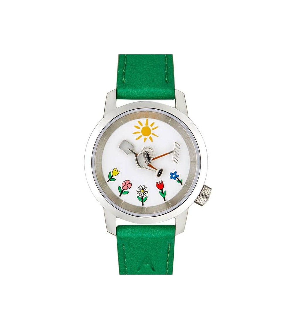 Montre AKTEO Jardin 29 Blanc-Acier Inox, bracelet cuir vert