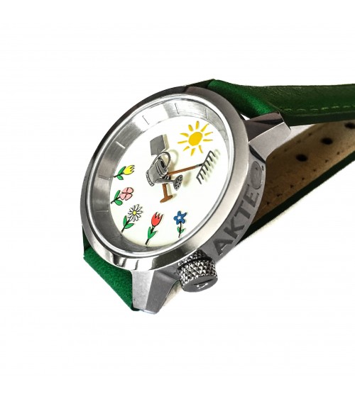 Montre AKTEO Jardin 29 Blanc-Acier Inox, bracelet cuir vert