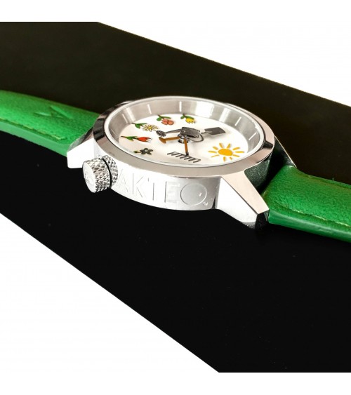 Montre AKTEO Jardin 29 Blanc-Acier Inox, bracelet cuir vert