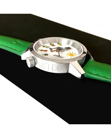 Montre AKTEO Jardin 29 Blanc-Acier Inox, bracelet cuir vert