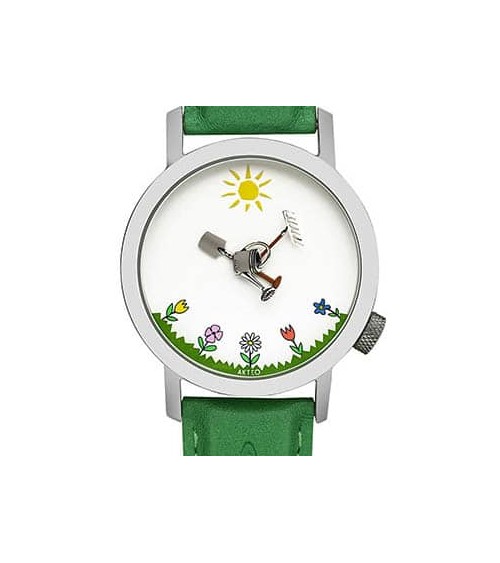 Montre AKTEO Jardin 48 Blanc-Acier inox, bracelet cuir vert