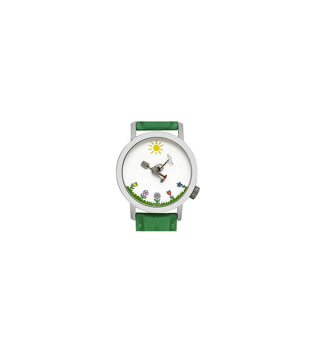 Montre AKTEO Jardin 48 Blanc-Acier inox, bracelet cuir vert