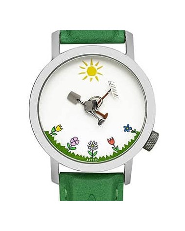 Montre AKTEO Jardin 48 Blanc-Acier inox, bracelet cuir vert