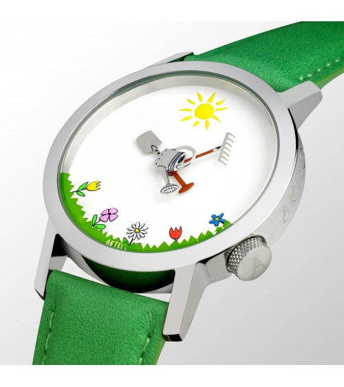 Montre AKTEO Jardin 48 Blanc-Acier inox, bracelet cuir vert
