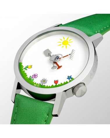 Montre AKTEO Jardin 48 Blanc-Acier inox, bracelet cuir vert
