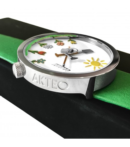 Montre AKTEO Jardin 48 Blanc-Acier inox, bracelet cuir vert