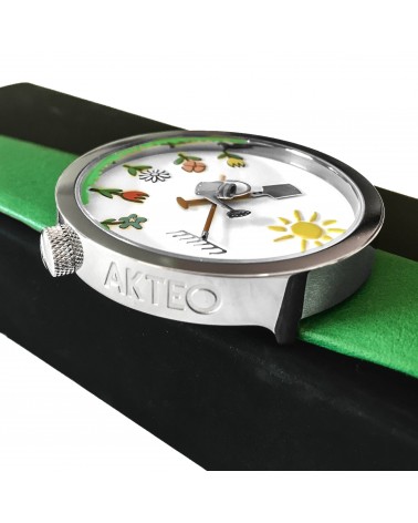Montre AKTEO Jardin 48 Blanc-Acier inox, bracelet cuir vert