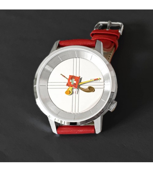 Montre AKTEO Drapeau suisse 38 Acier inox-Acier inox, bracelet cuir rouge