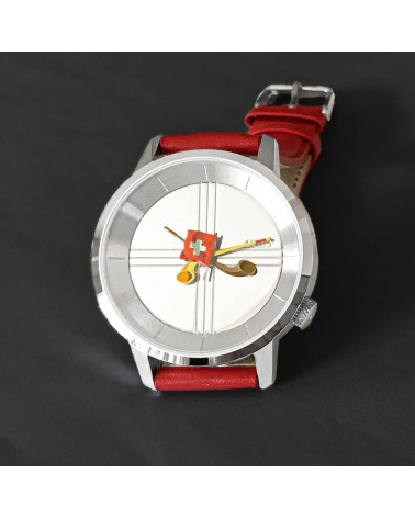 Montre AKTEO Drapeau suisse 38 Acier inox-Acier inox, bracelet cuir rouge