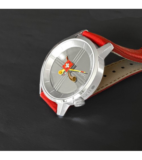 Montre AKTEO Drapeau suisse 38 Acier inox-Acier inox, bracelet cuir rouge