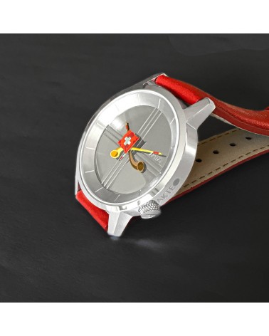 Montre AKTEO Drapeau suisse 38 Acier inox-Acier inox, bracelet cuir rouge