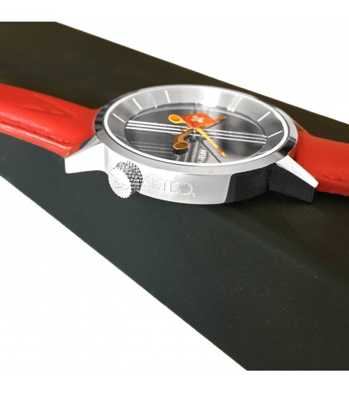 Montre AKTEO Drapeau suisse 38 Acier inox-Acier inox, bracelet cuir rouge