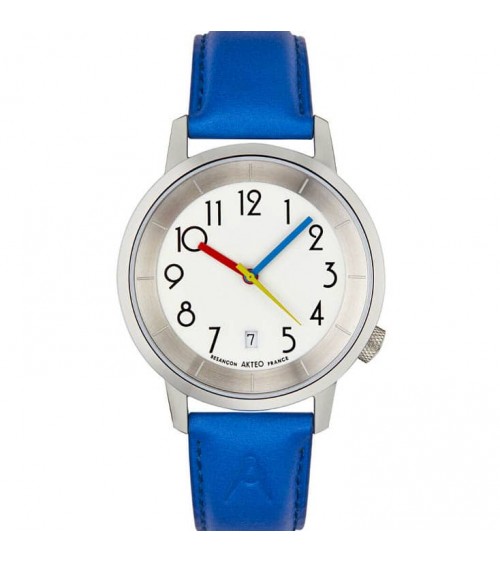 Montre AKTEO Persepolis Dato 38 Blanc-Acier inox, bracelet cuir bleu