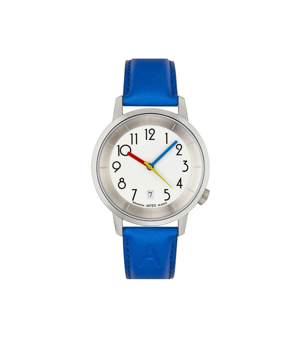 Montre AKTEO Persepolis Dato 38 Blanc-Acier inox, bracelet cuir bleu