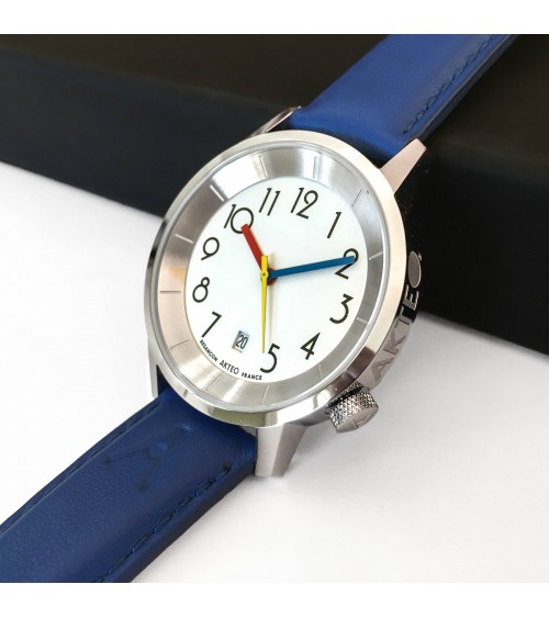 Montre AKTEO Persepolis Dato 38 Blanc-Acier inox, bracelet cuir bleu