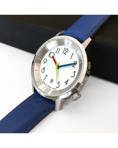 Montre AKTEO Persepolis Dato 38 Blanc-Acier inox, bracelet cuir bleu