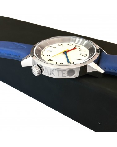 Montre AKTEO Persepolis Dato 38 Blanc-Acier inox, bracelet cuir bleu