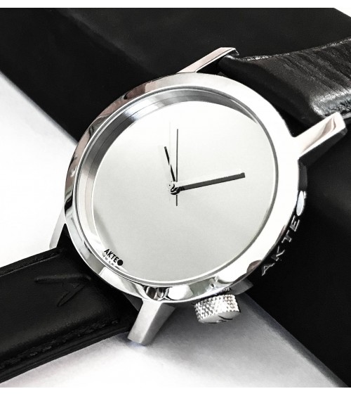 Montre AKTEO Tout Miroir 42 miroir-acier poli, bracelet cuir noir