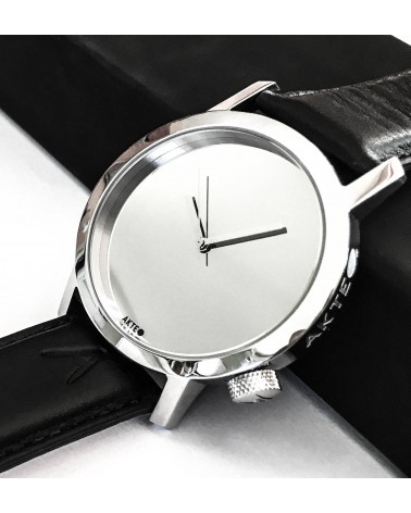 Montre AKTEO Tout Miroir 42 miroir-acier poli, bracelet cuir noir