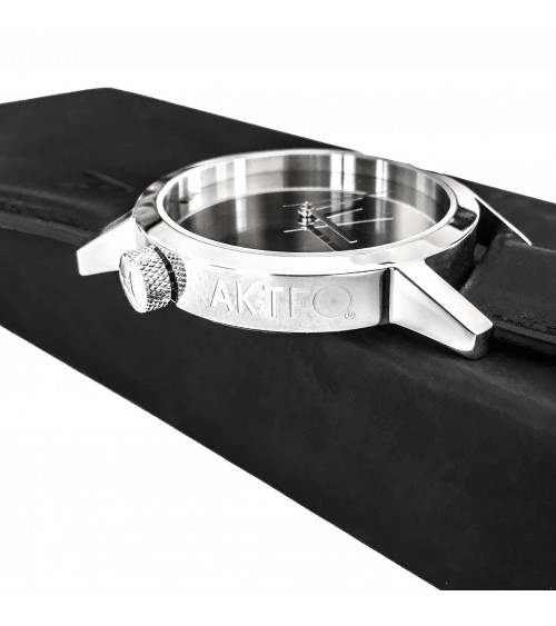 Montre AKTEO Tout Miroir 42 miroir-acier poli, bracelet cuir noir