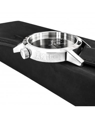 Montre AKTEO Tout Miroir 42 miroir-acier poli, bracelet cuir noir