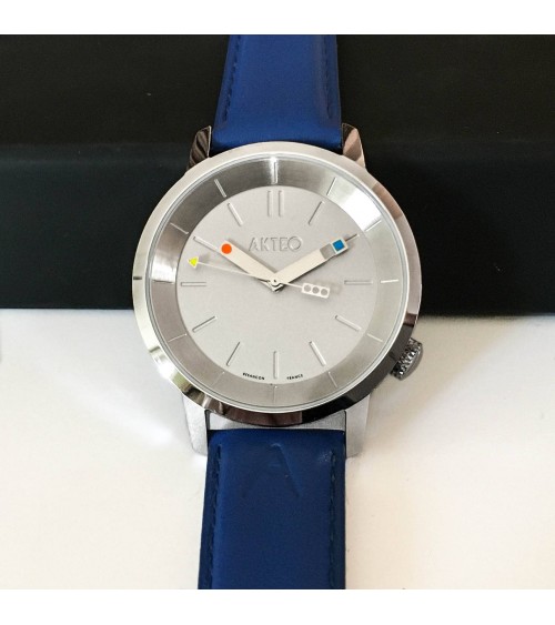 Montre AKTEO Fondamental 01 38 Acier mat-Acier inox, bracelet cuir bleu
