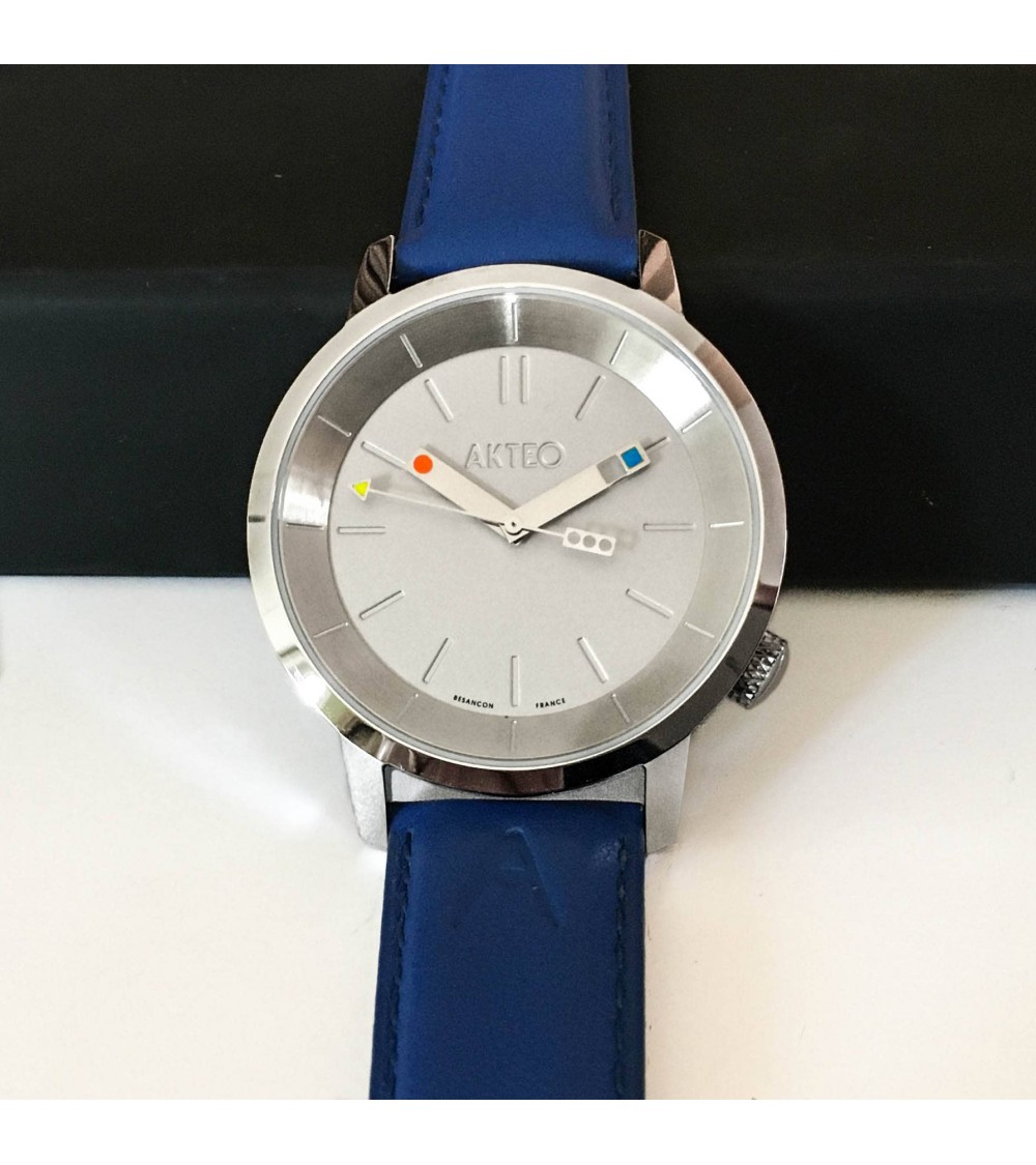Montre AKTEO Fondamental 01 38 Acier mat-Acier inox, bracelet cuir bleu