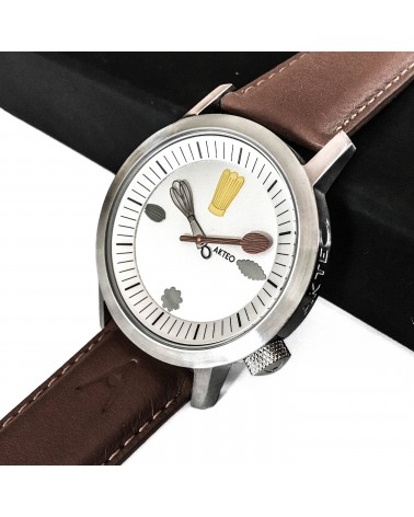 Montre AKTEO Chef 42 Blanc-Acier Inox, bracelet cuir cognac