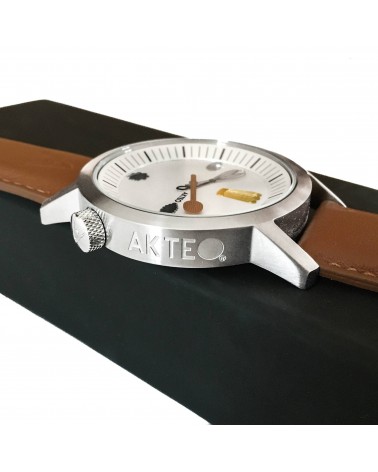 Montre AKTEO Chef 42 Blanc-Acier Inox, bracelet cuir cognac